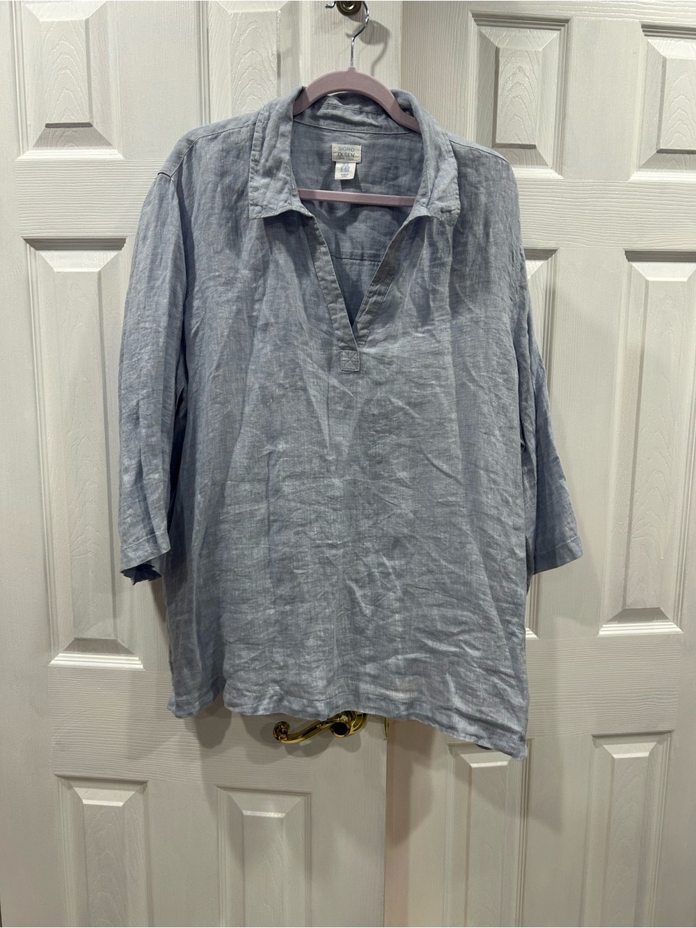 Sigrid Olsen Light Blue Linen Split-V Pullover Blouse